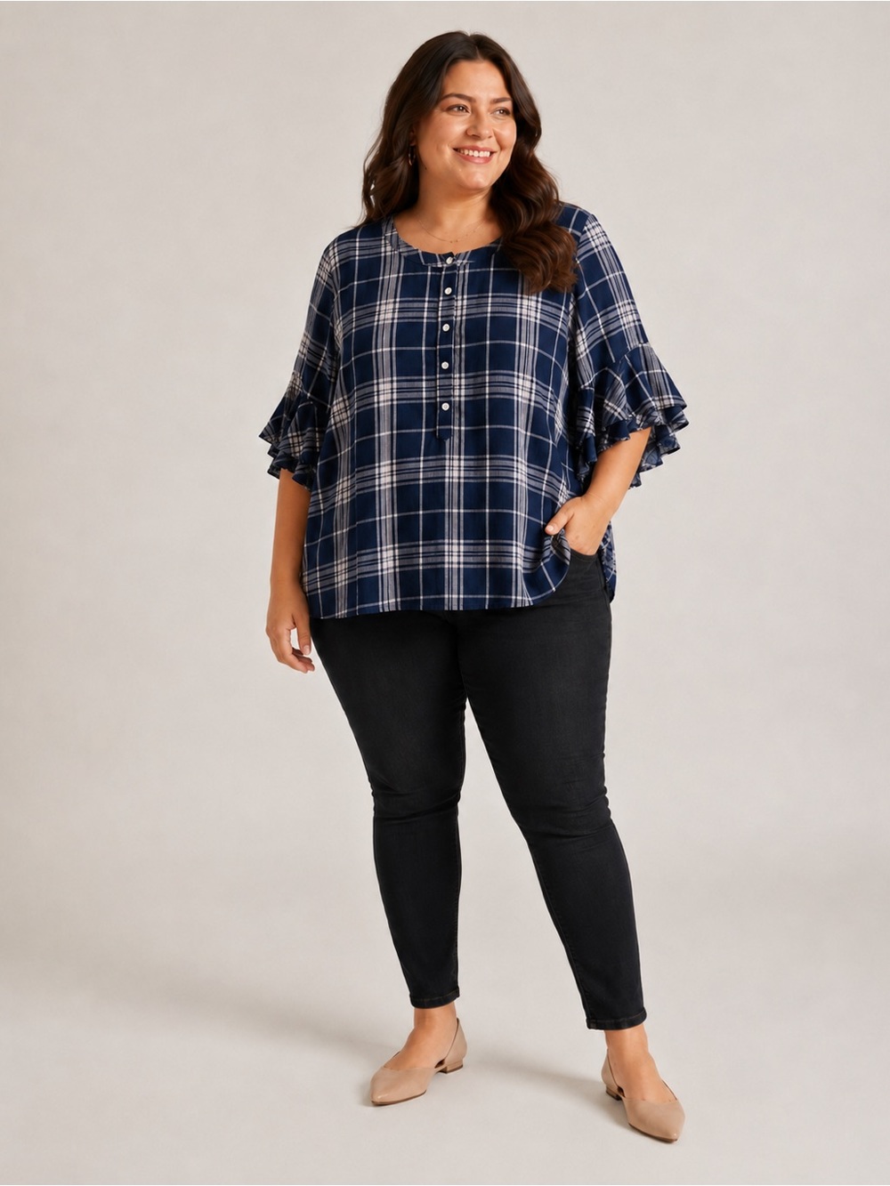 Simply Emma Navy Plaid Button Henley Blouse